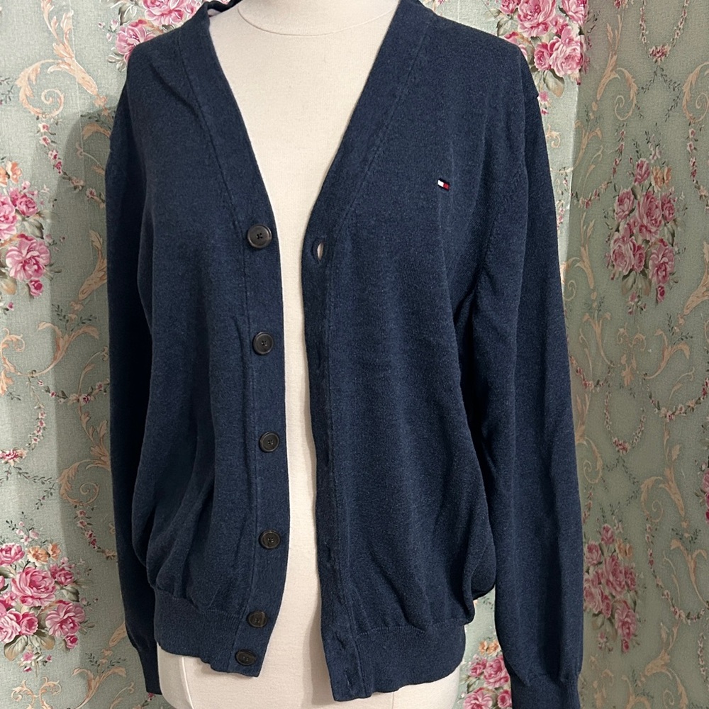 100% premium cotton cardigan sweater blue vintage long sleeve size Large